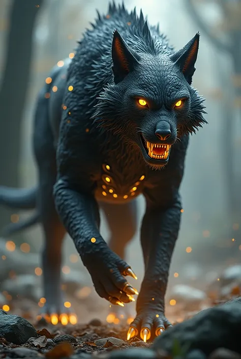 Big creature animal like, four legs, glowing yellow eyes, its body is sleek, dark fur and covered with glowing runes which pulse, muscular but agile, jagged fangs glistened