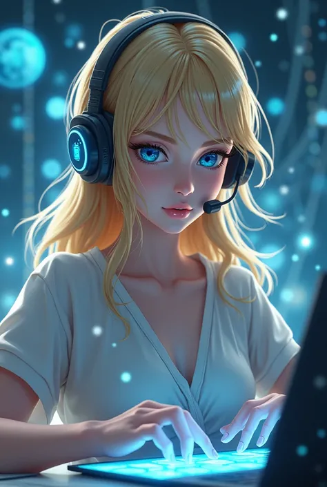 A beautiful blonde woman fantasy style anime realistic stunning working in her computer  with a headset 40 years old 
