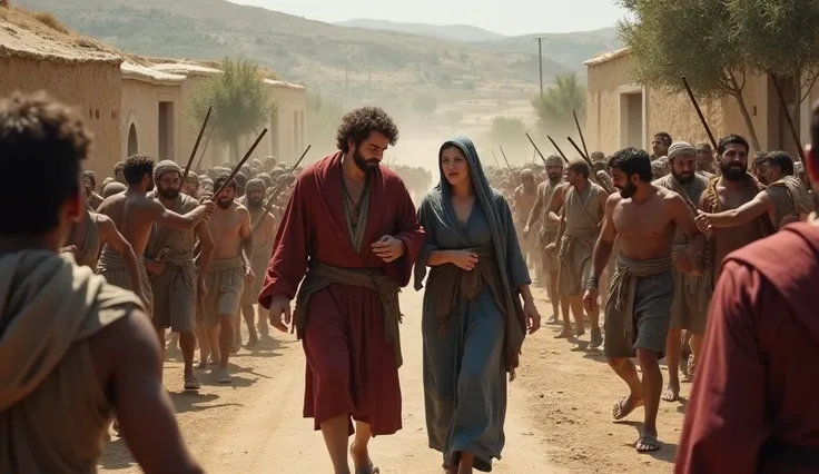 The Levite and a woman returing home in the Bible, with people around fighting 