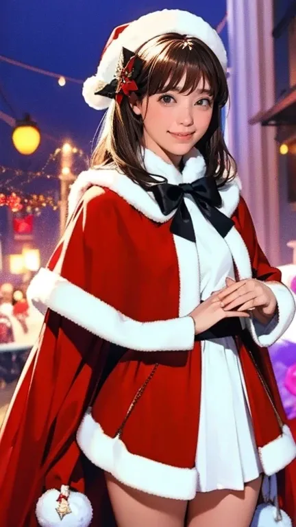  realistic pictures,  top quality, Festival Girl,  cheerful smile,  Red Velvet Cloak ,  White Fur Trim ,  Black Ribbon Bows , santa style costume, Holiday Themes , Playful pose,Chibi,  Sparkling Snowflake Decorations,  Vivid and Warm Atmosphere ,  Christma...