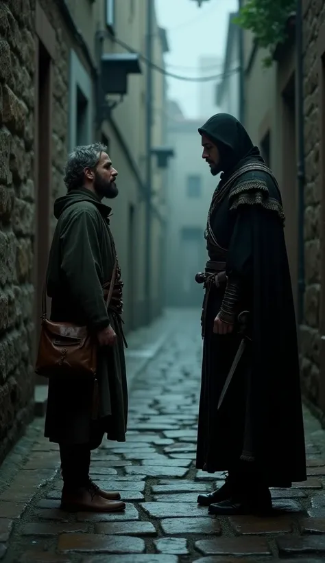 A Very Clear 4K Ultra HD Dynamic Image Of "In a dark alley, a thief—a thin man with a beard and a cloth tied around his head—talks with the disguised king. He carries a small bag and has a dagger tucked into his waistband.