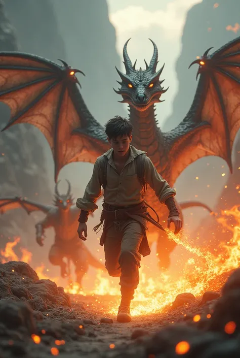 A young man with fire powers fleeing from dragons 