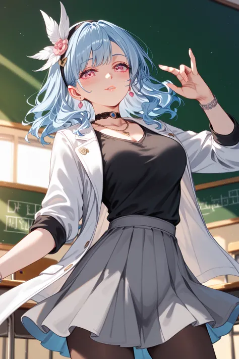 romancing saga 2, medium hair, pink eyes, light blue hair, (wavy hair:0.3), hair ornament, black hairband,
choker, necklace、(jewelry, white jacket, pantyhose, black shirt, grey skirt)
BREAK
25 year old woman、medium breasts,sexy Lip、Moist eyes、Gentle eyes、G...