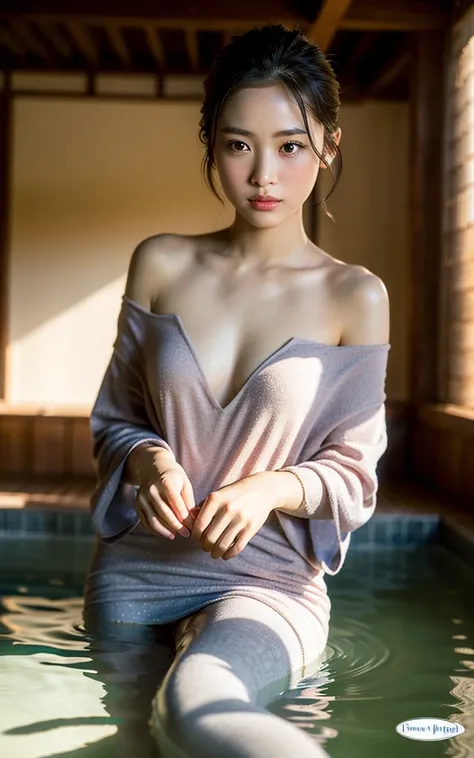 (serene hot spring), (young woman with stunningly small symmetrical face), (traditional Japanese countryside), (steam rising, natural stone bath), (soft warm lighting, tranquil atmosphere), (painterly aesthetic, ethereal glow), (hydrated glowing skin, intr...