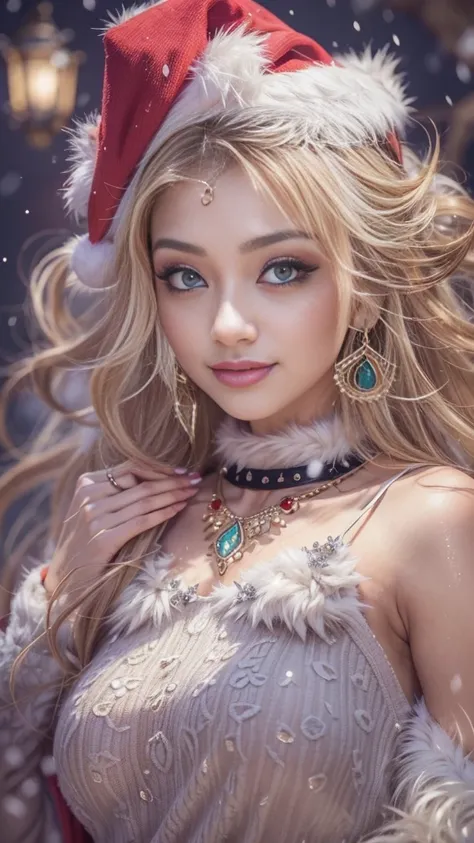 (32K:1.5,  top quality, masterpiece,  super high resolution ), Professional camera work:1.6,  very detailed bust肌と顔の質感:1.3, Enchanting portraits:1.3,  Christmas Night:1.3, Very accurate,  very detailed bust, 1 adult female , ( Santa Claus Costume:0.8,  Chr...