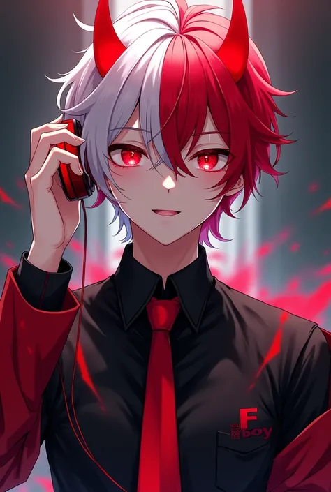 A male anime character with half-red white hair wears a black shirt and red tie a devil horn head and a red headset initials F boy