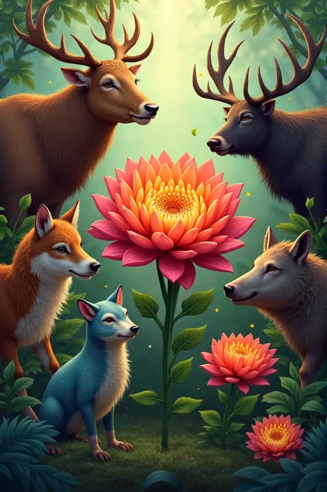 Create a picture of a chrysanthemum 
There is a wild deer, a bull, a buffalo, a wild boar, a brown mermaid, a wolf. 