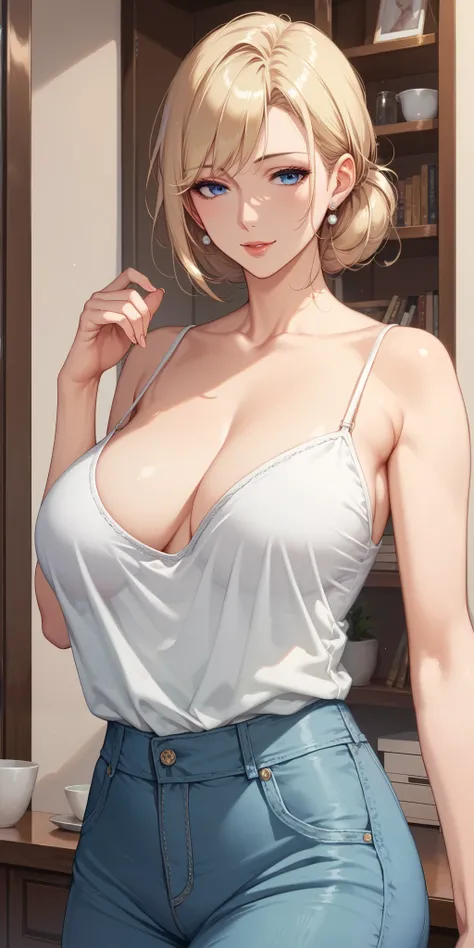 score_9, score_8_up, score_7_up, blonde, chignon hair, blue eyes, perfect eyes, anime milf, elegant mature woman, wise face, thin camisole, home, soft light