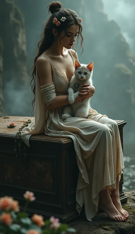 A flirtatious and beautiful woman ，Exquisite facial features and makeup ，Strange Greek Queen Dressed Up ，Sit on top of an ancient and mysterious coffin，The coffin hangs in the middle of the air ， in the cool pose of a woman ，Holding a delicate little kitty...