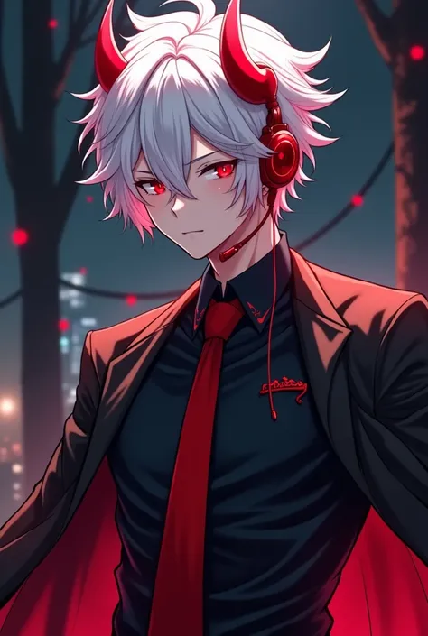 A male anime character with white half red hair wears a black shirt and red tie a devil horn head and a red headset initials F handsome boy 
