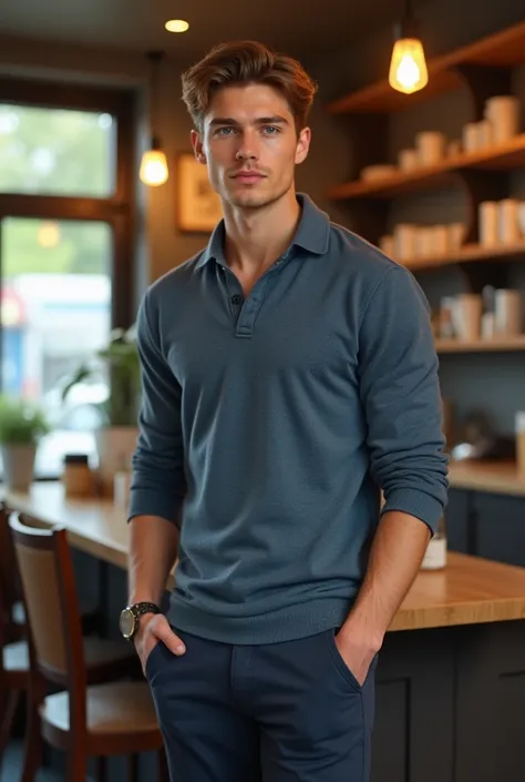 Attractive tall and athletic young man light brown hair polo sweater sweater tight dress pants blue eyes at a coffee shop in Westfield NJ 