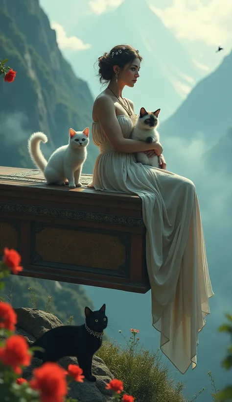 A flirtatious and beautiful woman ，Exquisite facial features and makeup ，Strange Greek Queen Dressed Up ，Sit on top of an ancient and mysterious coffin，The coffin hangs in the middle of the air ， in the cool pose of a woman ，Holding a delicate little kitty...