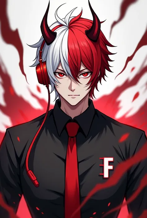 A male anime character with half-red white hair wears a black shirt and red tie a devil horn head and a red headset initials F manly man
