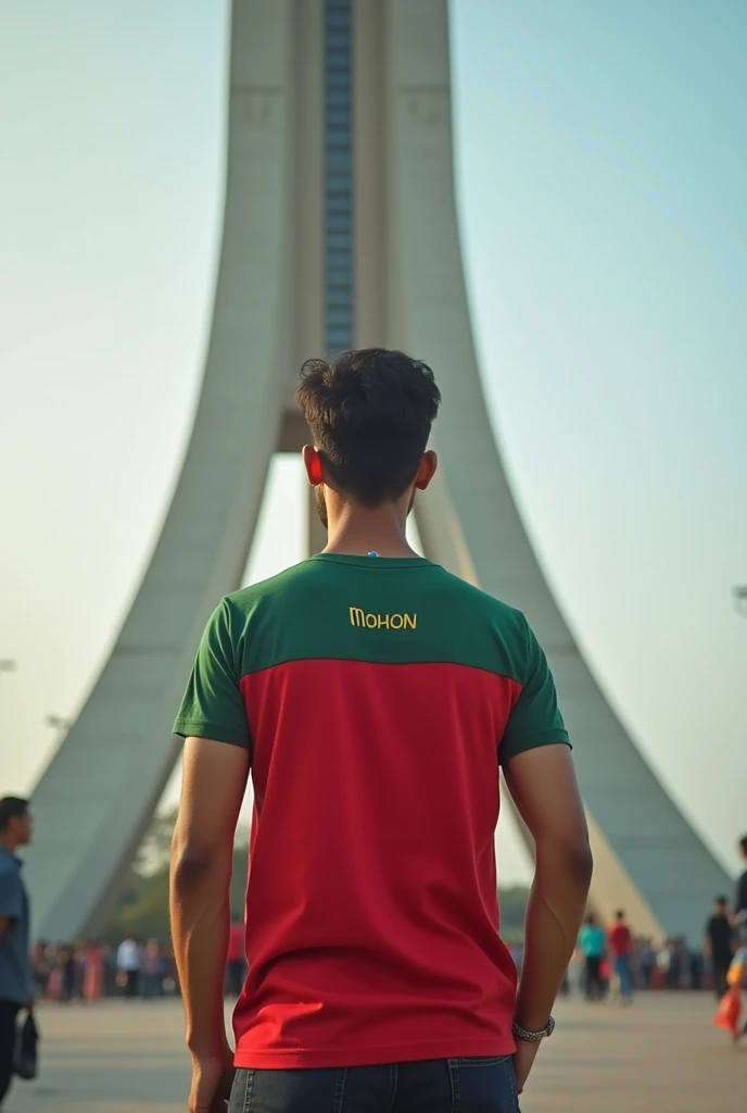 A young man age 26  named Mohon.  Standing in front of Bangladesh  Sriti Soudh wearing a red green T-shirt with Bangladesh flag in hand.  The name Mohon is written on the back of the T-shirt