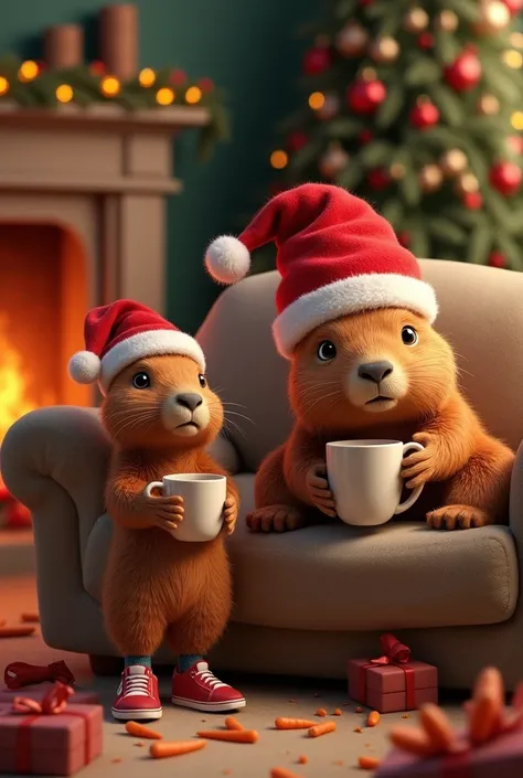  Capybara with her red sneakers with a capybara woman relaxing on a comfortable couch with a Santa Claus hat, Capybara son playing in a cozy room with a fireplace a colorful Christmas tree and shining with presents , Drinking hot chocolate, With lots and l...