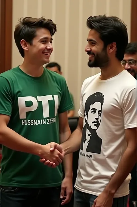 . 18 17 20 Years old Young Boy Wearing PTI T-shirt With Name "Hussnain zehri is written, Front of boy Has PTI chairman Imran, Boy is handshaking him.5 photos 