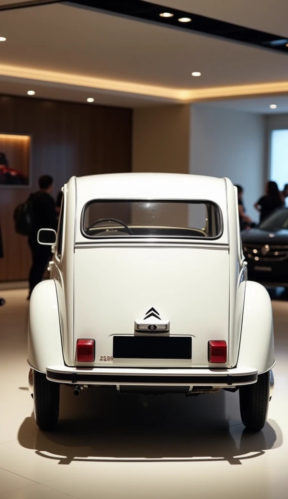 Generate a 2025 Citroen 2CV white colour in luxury showroom back view images 