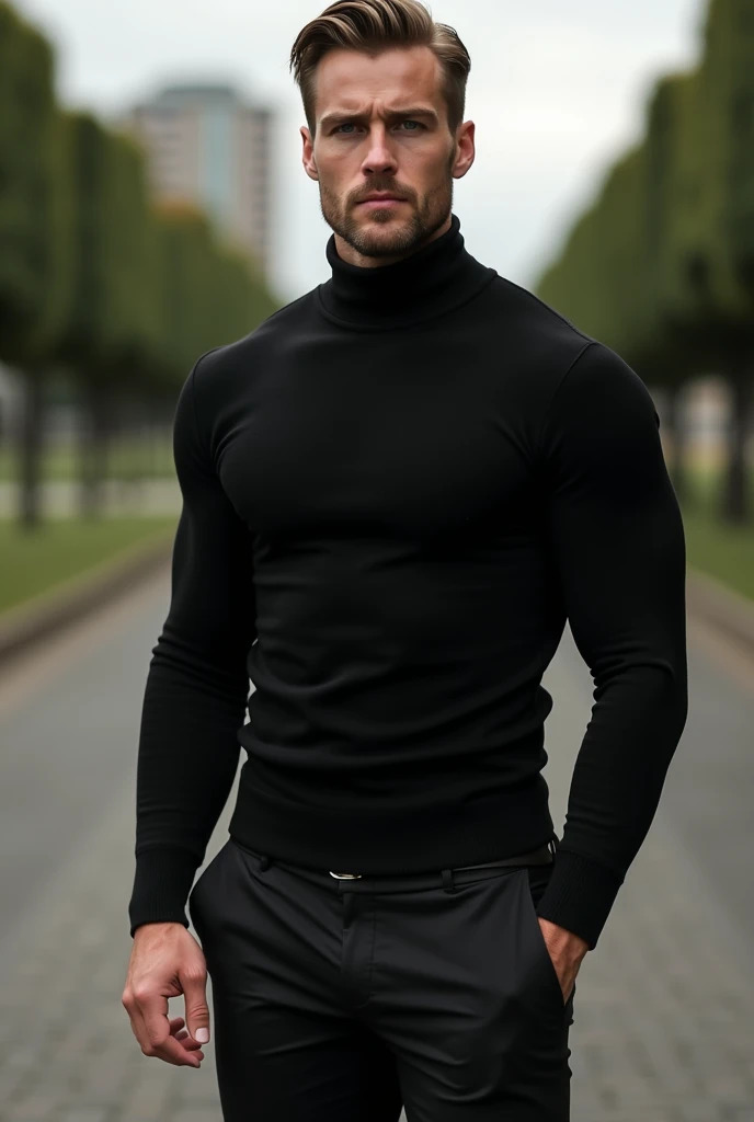 Attractive tall and athletic man light brown hair black sweater tight dress pants dark gray eyes at an outdoor 