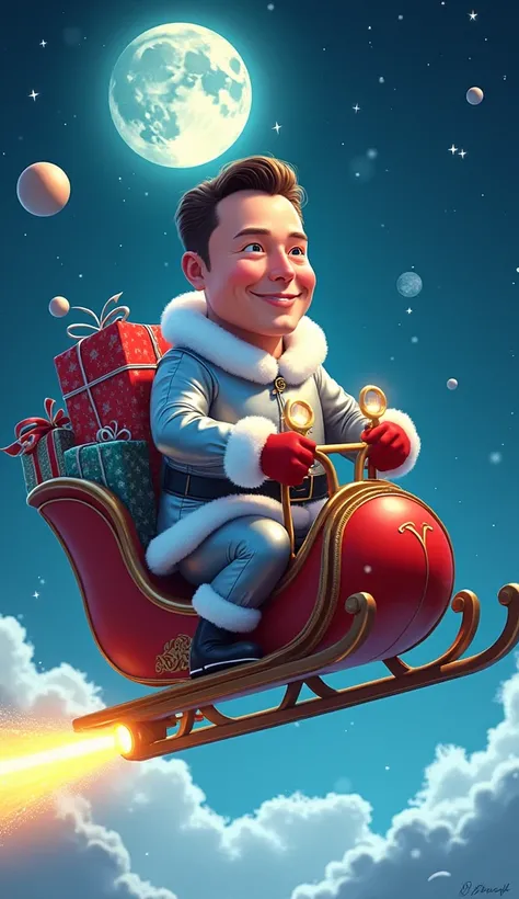 Illustrate Elon Musk as a festive cartoon character wearing a futuristic silver Santa outfit with LED lights. He is riding a sleigh shaped like a SpaceX rocket, delivering presents shaped like Tesla cars. The night sky is filled with stars, planets, and a ...