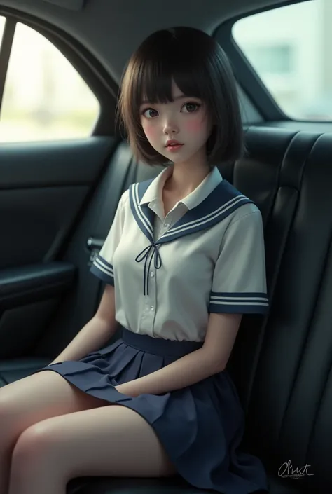 A girl in a school uniform , sits in the back seat of a car, stockings, blouse,  photorealistic , in detail,