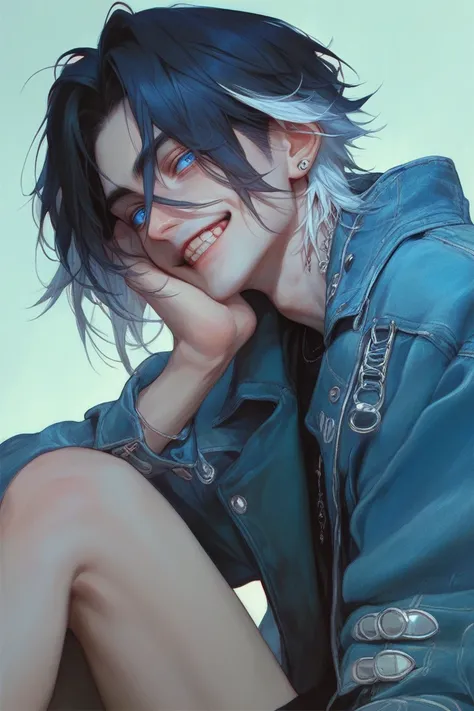   top grade ,  VERY DETAILED, boy,  Shortcuts,  good-looking,  dark hair (Strand strand white dyed hair), Idol,  blue eyes ,  wicked smile,  leather jacket, 