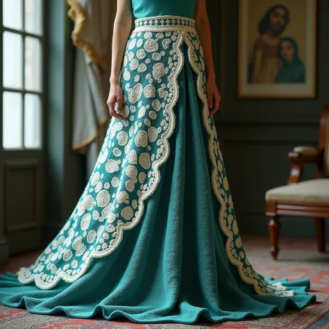 Nice stylish skirts design crochet with wool  new royal design on wool long skirt and separate design teal white teal color full view pic room view zoom out on lady 