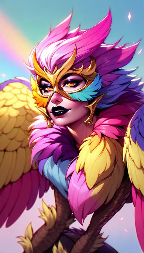 Seductive creature. Harpy Girl. Dark Makeup, Dark Lipstick. Colorful skin, Colorful Face, Colorful Feathers. unhealthy appearance. dnd character.  dnd. Avian Armor, Harpy Armor. Eagle Legs. 