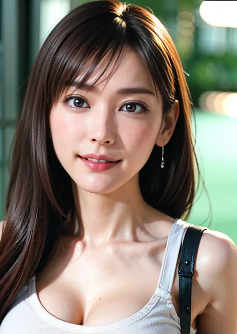 (, blush, 20yo, narrow eyes) (Photorealistic: 1.4), Solo, Top Quality, Very Delicate and Beautiful, High Definition, 1girl, tifa_lockhart, Smile, Cowboy Shot, Suspenders, Low Rise, Mini Skirt, white Tank Top, Tense Shirt, Black Hair, Long Hair, Elbow Glove...