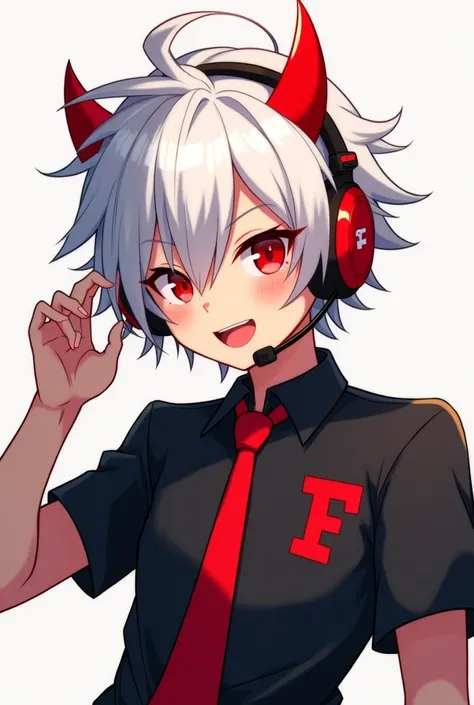 A spunky male anime character
White half red hair wear black shirt and red tie devil horn head and red headset initials F  
