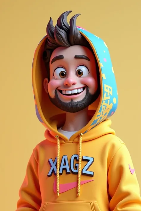 a man cartooon 3d use hoodie with xagz word at the hoodie