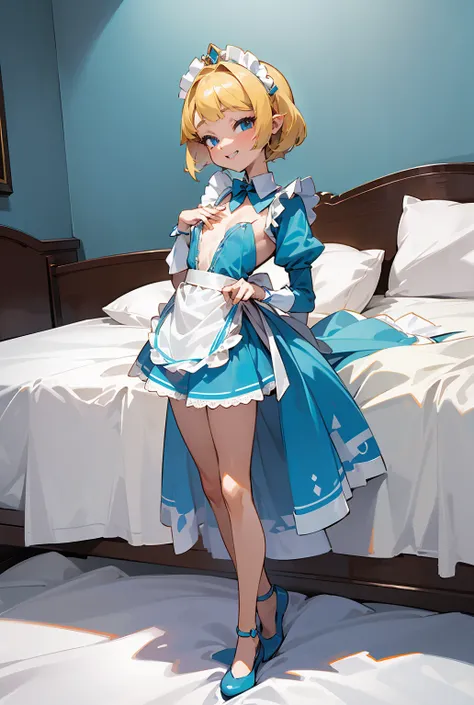 (Full body portrait:1.5), (  princess Zelda,  standing with different breasts , Alone:1.2) ,(  small tits:1.5), (Shes wearing a blue maid outfit 、 wearing a very short white miniskirt。/Her body-hugging clothes:1.3), ( shes in front of her bed in a hotel ro...