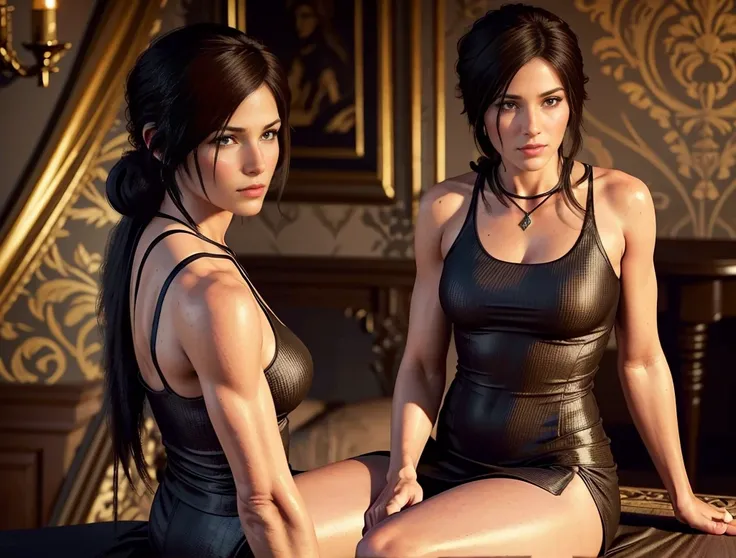 Picture of Lara Croft in a black elegant dress with slit. In Croft Manor. DLSR, sharp focus, soft lighting, masterpiece, perfect face, ultra detailed face, perfect brown eyes, beautiful face, photorealistic, 8k, masterpiece, sitting