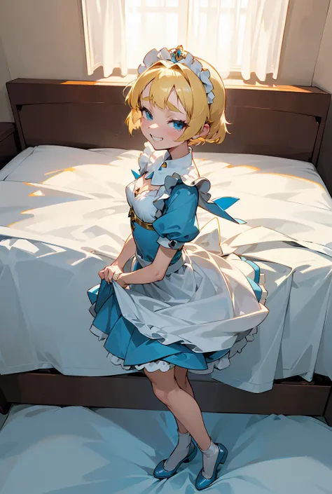 (Full body portrait:1.5), (  princess Zelda,  standing with different breasts , Alone:1.2) ,(  small tits:1.5), (Shes wearing a blue maid outfit 、 wearing a very short white miniskirt。/Her body-hugging clothes:1.3), ( Shes in front of her bed in a hotel ro...