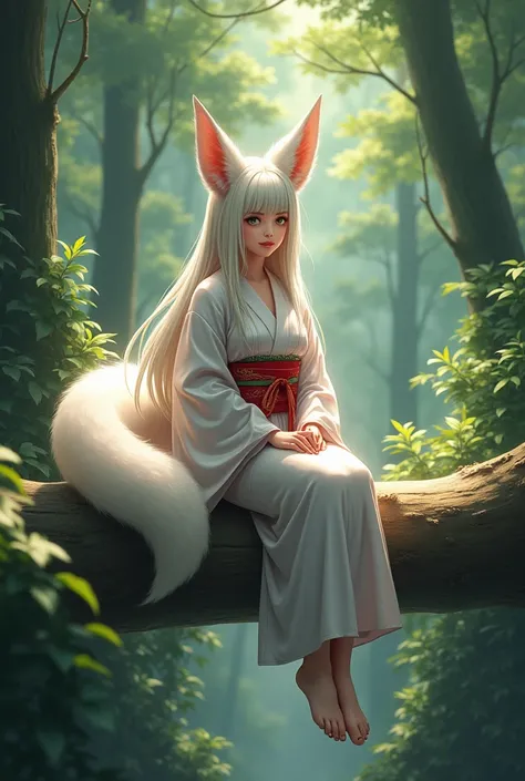 Create the image of a kitsune in her form as a beautiful woman. Physically attractive,  symmetrical face, slender body and subtle curves. long silky hair. Proportionate fox ears and long, bushy tails , with vibrant colors and mystery. Sitting on a fallen l...