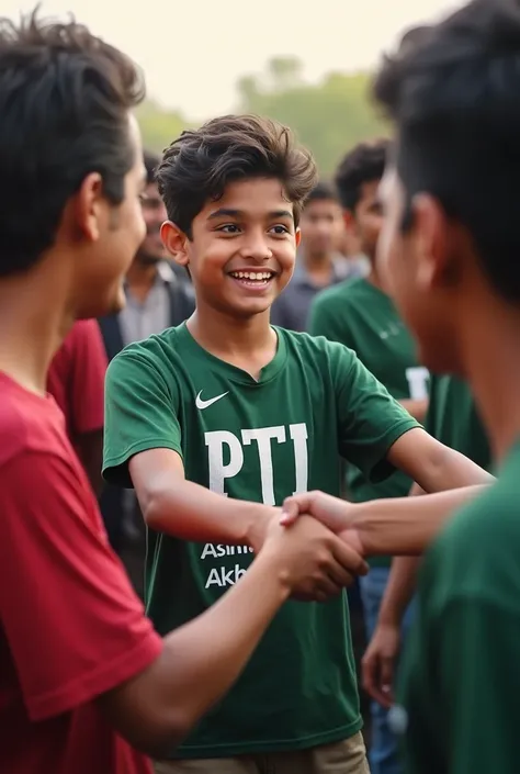 . A 20 Years old Young Boy Wearing PTI T-shirt With Name "Ashfaq Akbar is written, Front of boy Has PTI chairman Imran, Boy is handshaking him.