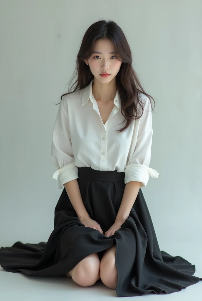 arafed woman in a white shirt and black skirt kneeling on the ground, a stock photo, inspired by Zhang Yin, beautiful young korean woman, bent - over posture, portrait of female korean idol, beautiful south korean woman, female actress from korea