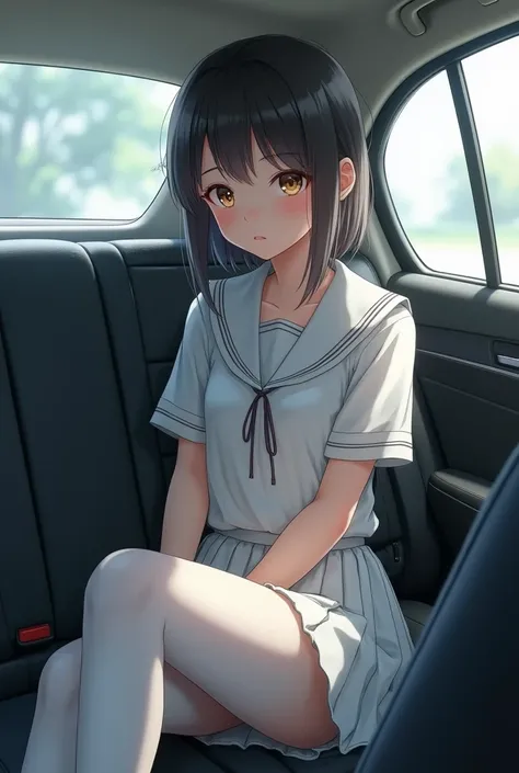 A girl in a short school uniform, sits in the back seat of a car,  white tights ,  photorealistic , in detail,,young