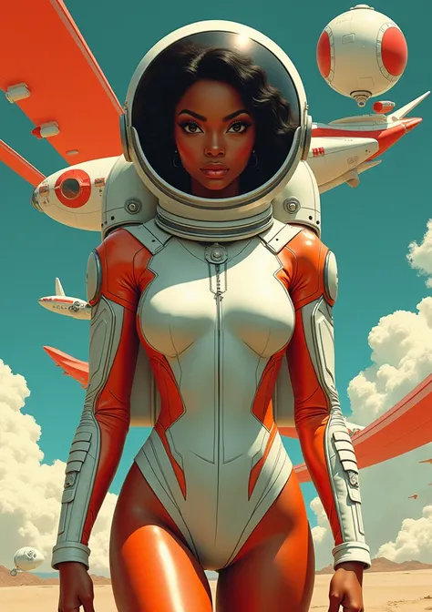 1940s pop art。beautiful black female astronaut 。 retro future of advanced vehicles。 metallic color bodysuit。