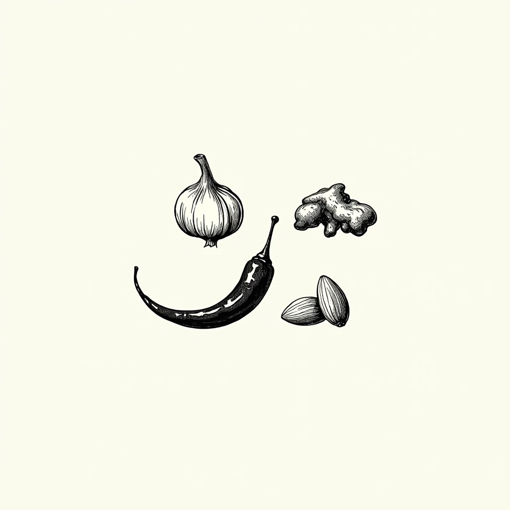 a vintage drawing sketch of a chili , garlic , ginger , almond ,
all things should be separate in hand drawn  items in black and white color