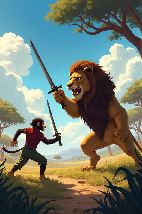 "Monkey attacked on lion with sword" full length pi.