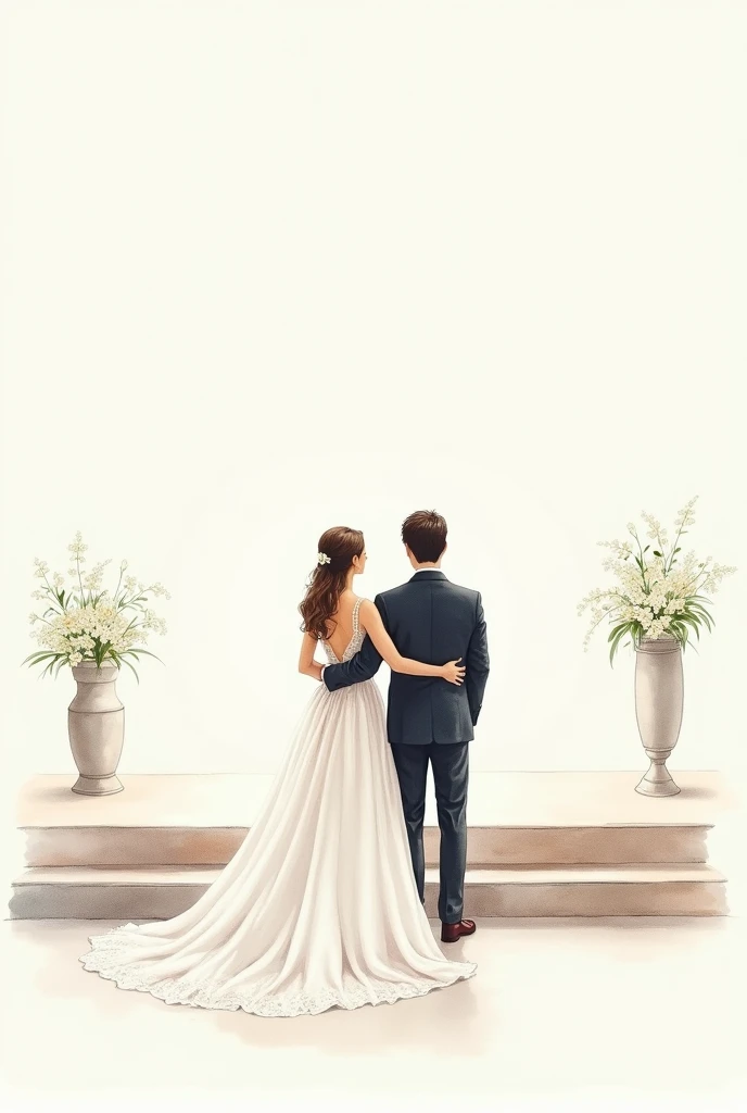 Watercolor two newlyweds on the altar with minimalist backs without surrounding details