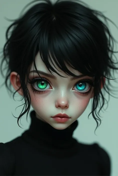 A  , dark short wavy hair and heterochromia, one eye baby blue one eye green, with a wild hair, big eyes, not blush, more realistic, long eyelashes,