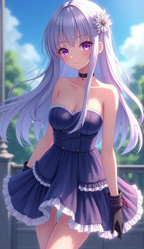  masterpiece ,  best quality ,  extremely detailed 8K wallpaper , 1 ,  outdoor, Helena(azur lane),strapless dress, dress, layered dress,white flower, hair ornament, purple eyes, ( choker), contour, (black gloves), bare legs,