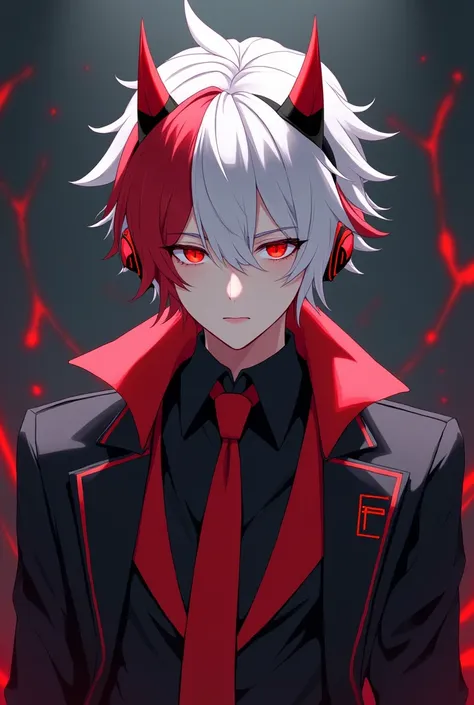 A male anime character 
White hair half red dress wear black jacket and red tie devil horn head and red headset initials name F
