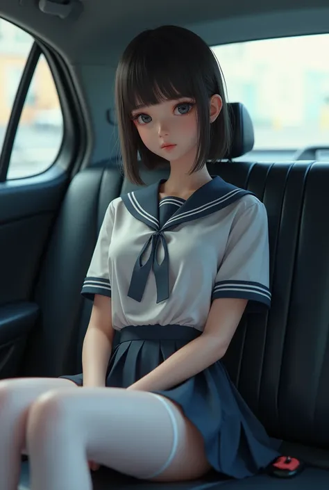 A girl in a short school uniform, sits in the back seat of a car,  white tights , фото realistic, in detail,,young, realistic