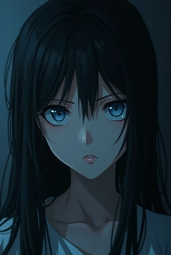 Long black haired woman with blue eyes staring like a hateful nest, a picture like a killer movie, an anime portrait