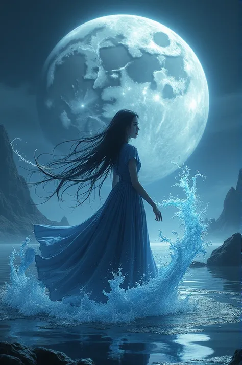 A dark-haired girl with water powers and behind the giant moon 