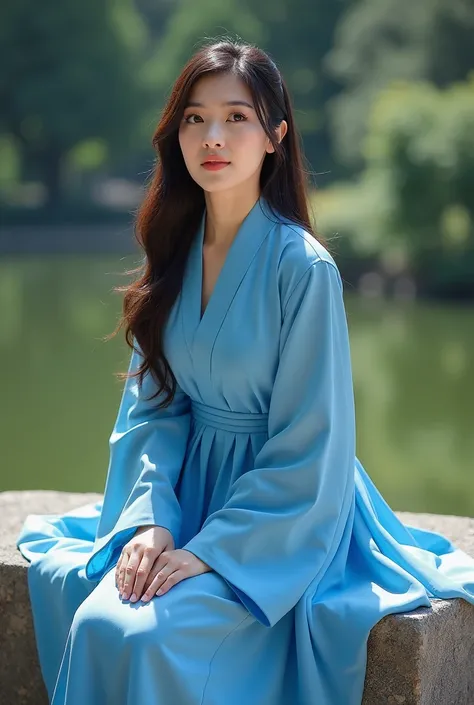  A woman in a blue dress is sitting on a ledge、Picture of an Asian woman , Bronze statue of Kentaro Miura , Tumbler,  what is it ？,  Japanese goddesses,  Japanese model, beautiful  asian girl,  clevis on a stone,  asian girl, Chunli, Chunli,  Korean Girl, ...