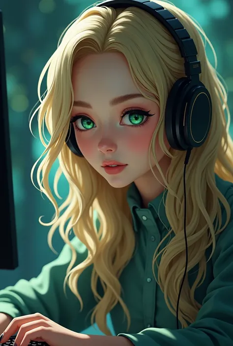 A beautiful blonde woman with italian nose, grewn eyes,fantasy style anime realistic stunning woman working in her computer  with a head phones 40 years old 
Anatomicamente correto, detail,  lips slightly separated ,  Dutch angle , Necessary,  masterpiece ...