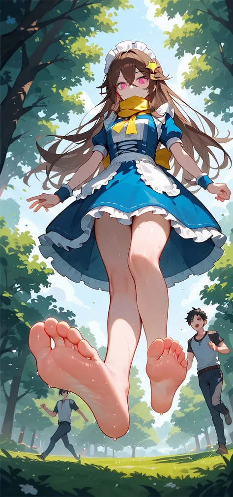  Outdoor，A girl shows the soles of her feet ， low angle，cloesd mouth,One-leg stand，whole body，Female Giant，There are lots of trees around， with bangs between eyes，yellow scarf， BLUE MAID OUTFIT， long hair，  brown hair， Beautiful , Yellow five-pointed star ...